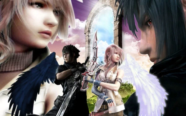 HD PC desktop wallpaper featuring Lightning from Final Fantasy alongside other characters from the video game, set against a mystical backdrop with wings and an ancient archway.