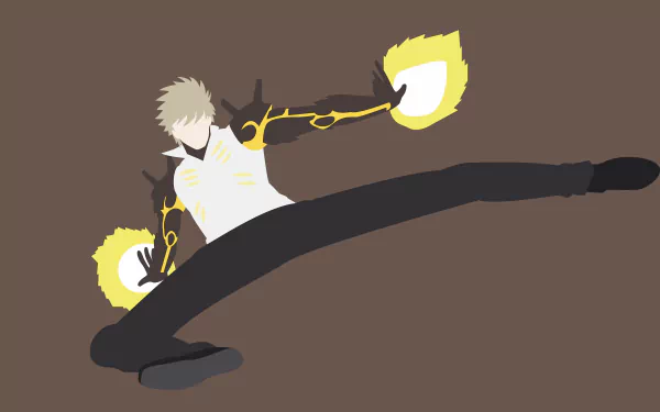 Genos (One-Punch Man) anime 4K Ultra HD desktop wallpaper — minimalist illustration of Genos mid-air with an extended kick and glowing cybernetic arms on a muted brown background.
