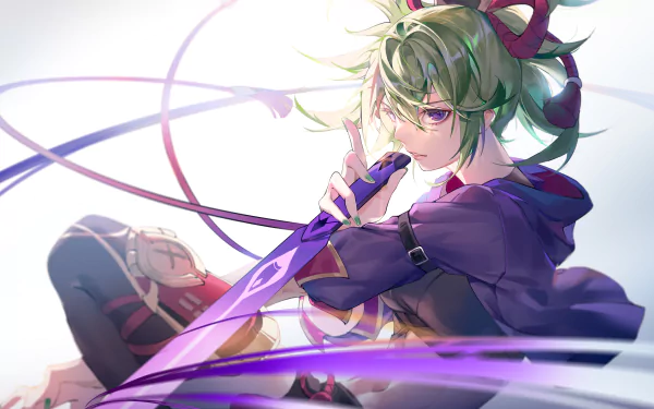 Kuki Shinobu from the video game Genshin Impact, clutching a glowing purple blade amid swirling energy — vibrant 5K Ultra HD PC desktop wallpaper and background.