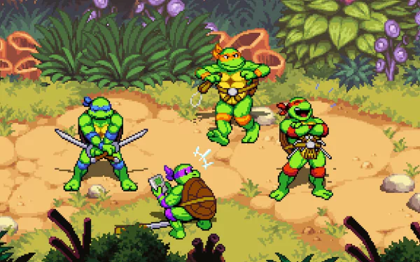 HD wallpaper featuring Teenage Mutant Ninja Turtles characters from Shredder's Revenge game set in a vibrant forest background.