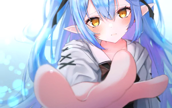 Yukihana Lamy of hololive reaches toward the viewer with flowing blue hair and golden eyes — anime-style 4K Ultra HD PC desktop wallpaper background.