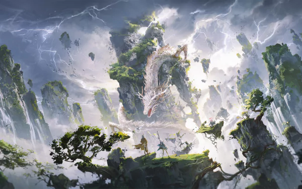 Majestic Chinese dragon coils amid misty floating mountains and lightning-lit sky, an epic fantasy tableau rendered as a 2K Quad HD PC desktop wallpaper and background.