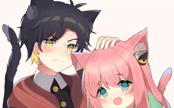 Anime-style HD PC desktop wallpaper featuring Anya Forger and Damian Desmond from Spy x Family, with both characters depicted wearing cat ears.