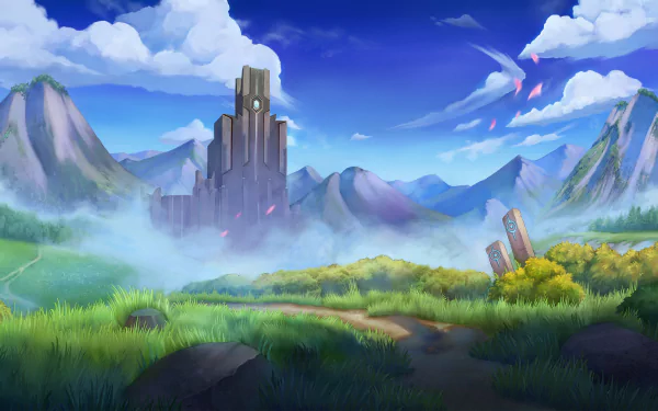 HD desktop wallpaper featuring the mystical landscape of Zenith: The Last City with a towering central spire amid lush greenery and rolling mountains under a vibrant sky.
