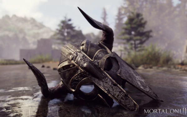 A detailed HD wallpaper featuring a intricately designed helmet with horns, set against a lush outdoor backdrop, inspired by the video game Mortal Online 2.