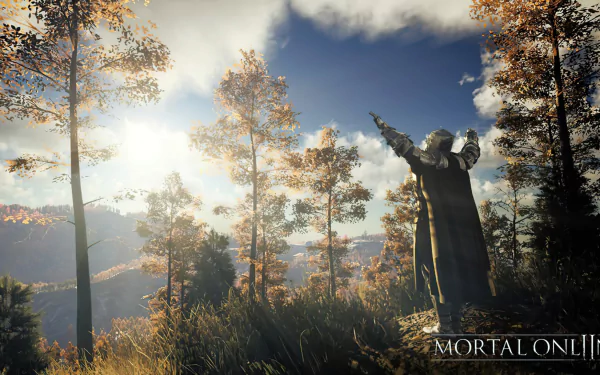 HD Wallpaper of Mortal Online 2 featuring a majestic statue in a forest at sunrise for desktop background.