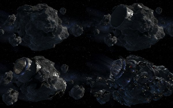 HD desktop wallpaper featuring asteroid mining in space with futuristic spacecraft.