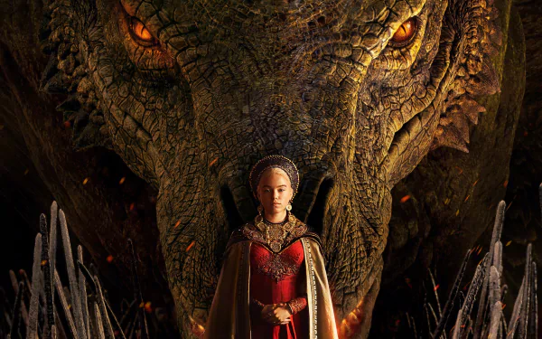 HD desktop wallpaper featuring Milly Alcock as Rhaenyra Targaryen from the TV show House of the Dragon, standing in front of a menacing dragon.