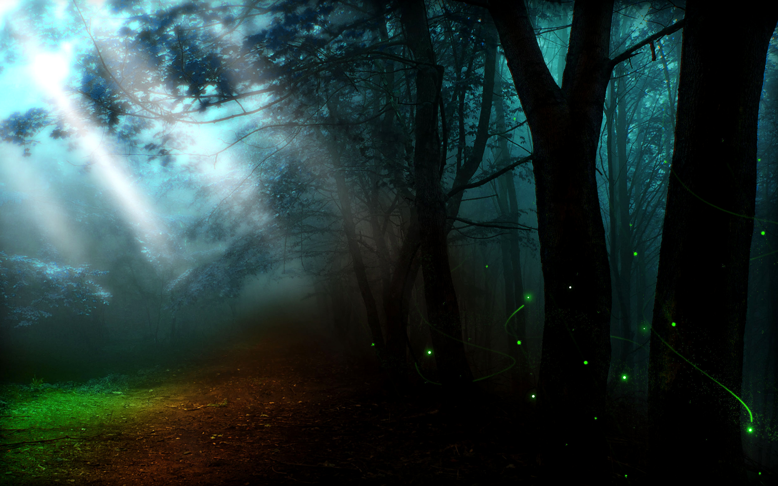 Artistic desktop wallpaper: Fae Woods. A picturesque forest bathed in sunshine, adorned with fireflies.