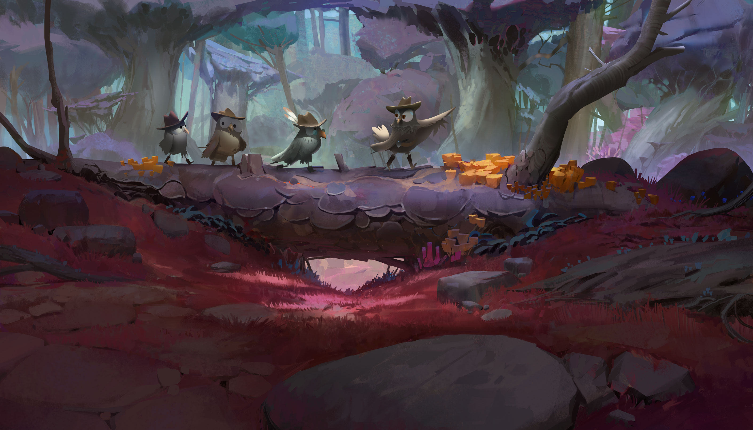 4 owls adventurers finding their way out in this mystic forest. by Baptiste Boutié