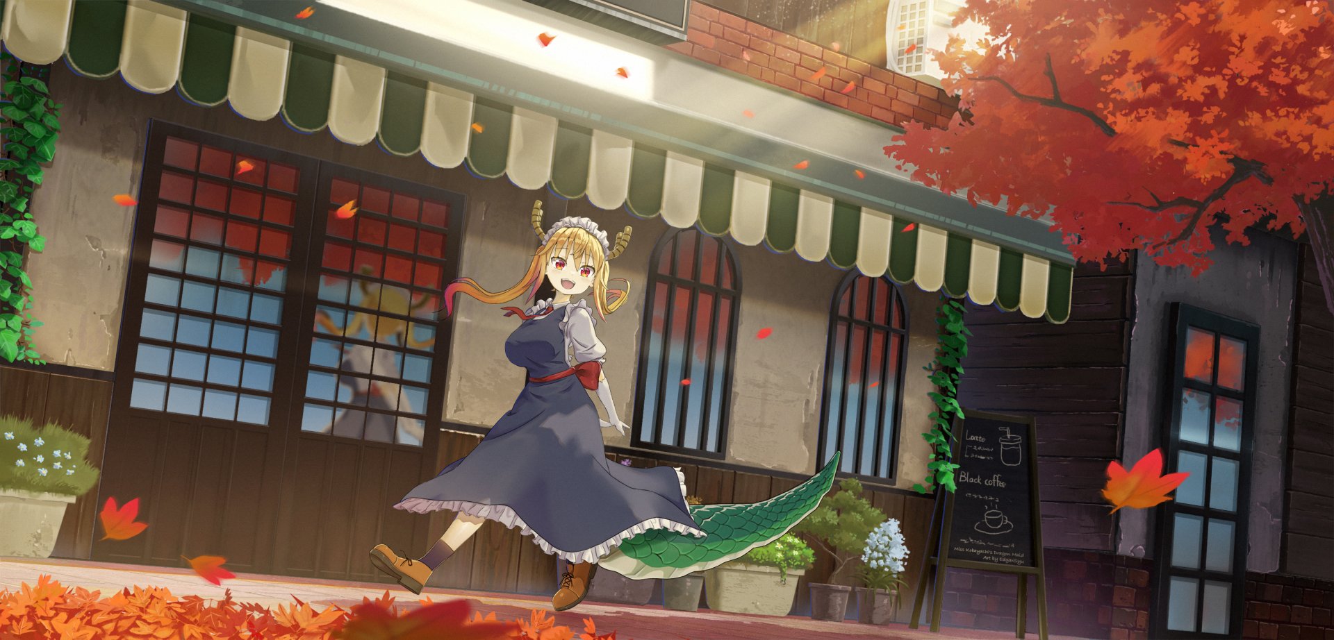 HD anime desktop wallpaper featuring Tohru from Miss Kobayashi's Dragon Maid standing outside a café with autumn leaves falling around her.