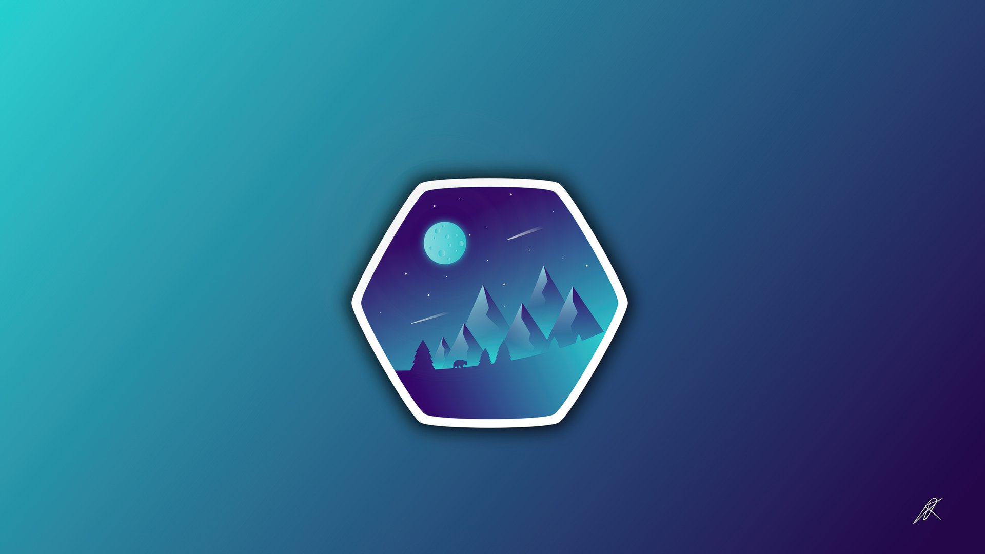 Artistic, minimalist HD PC desktop wallpaper: hexagonal badge with stylized moonlit mountains in purple-blue, set on a teal-to-indigo gradient background.