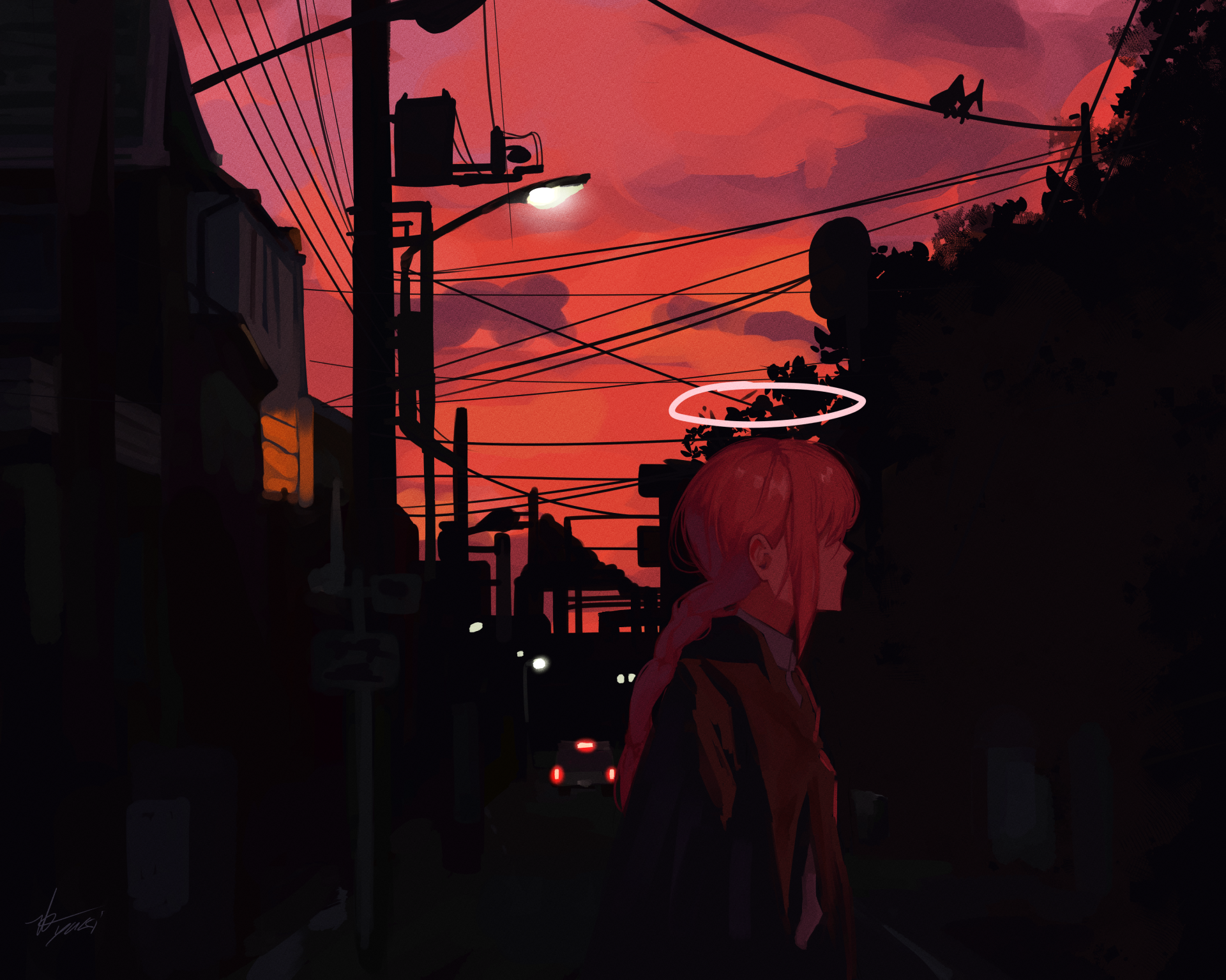 HD PC desktop wallpaper featuring Makima from the anime Chainsaw Man, set against a vibrant red sunset with urban silhouettes and power lines in the background.