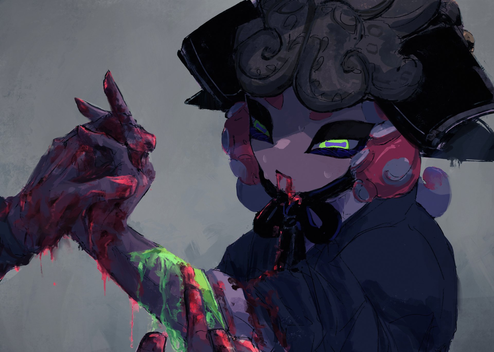 HD PC desktop wallpaper: DJ Octavio from the video game Splatoon, hooded tentacled antagonist with a glowing eye, hands smeared in red and neon green ink against a dark backdrop.