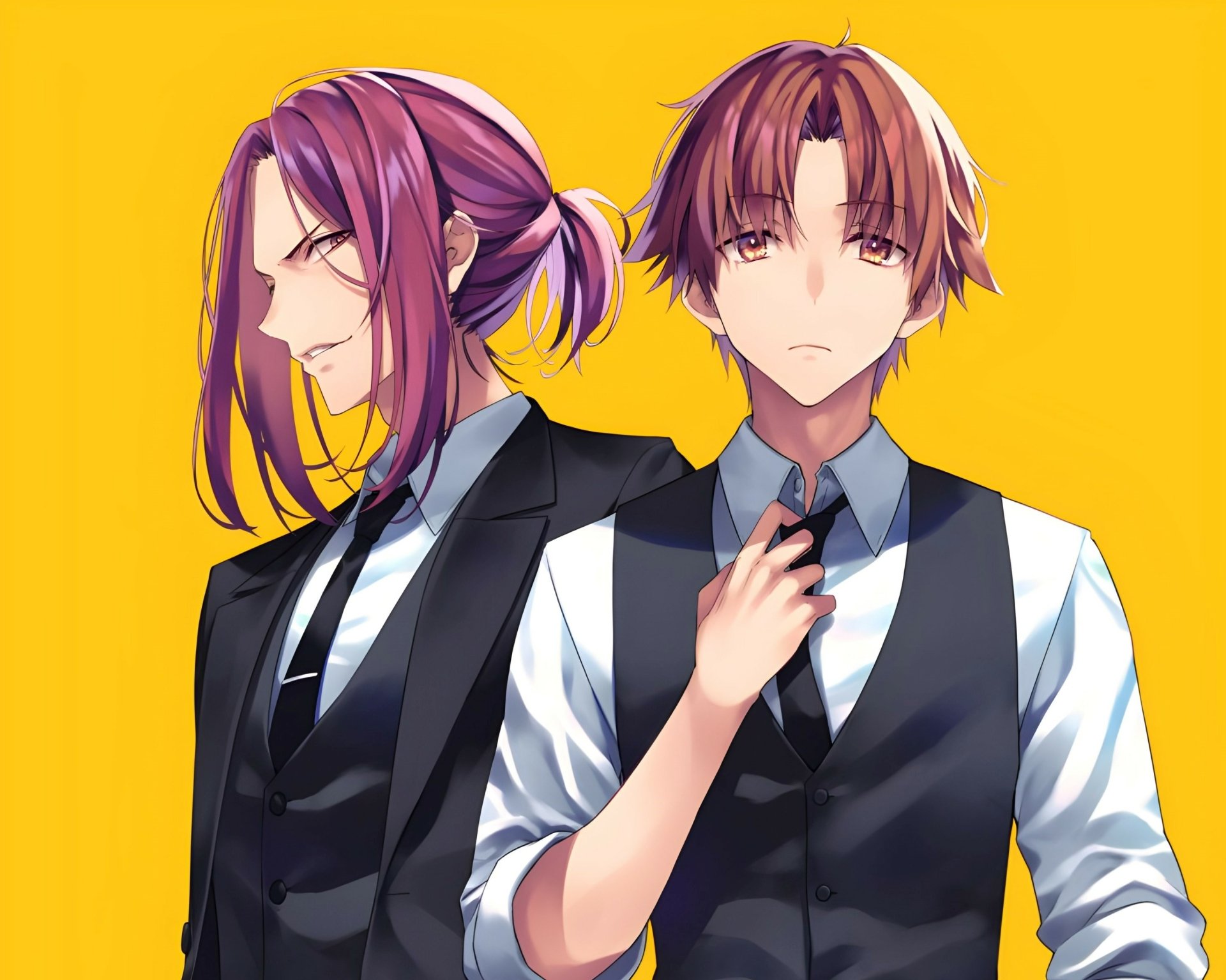 HD anime desktop wallpaper featuring Kakeru Ryūen and Kiyotaka Ayanokōji from Classroom of the Elite against a vibrant yellow background.