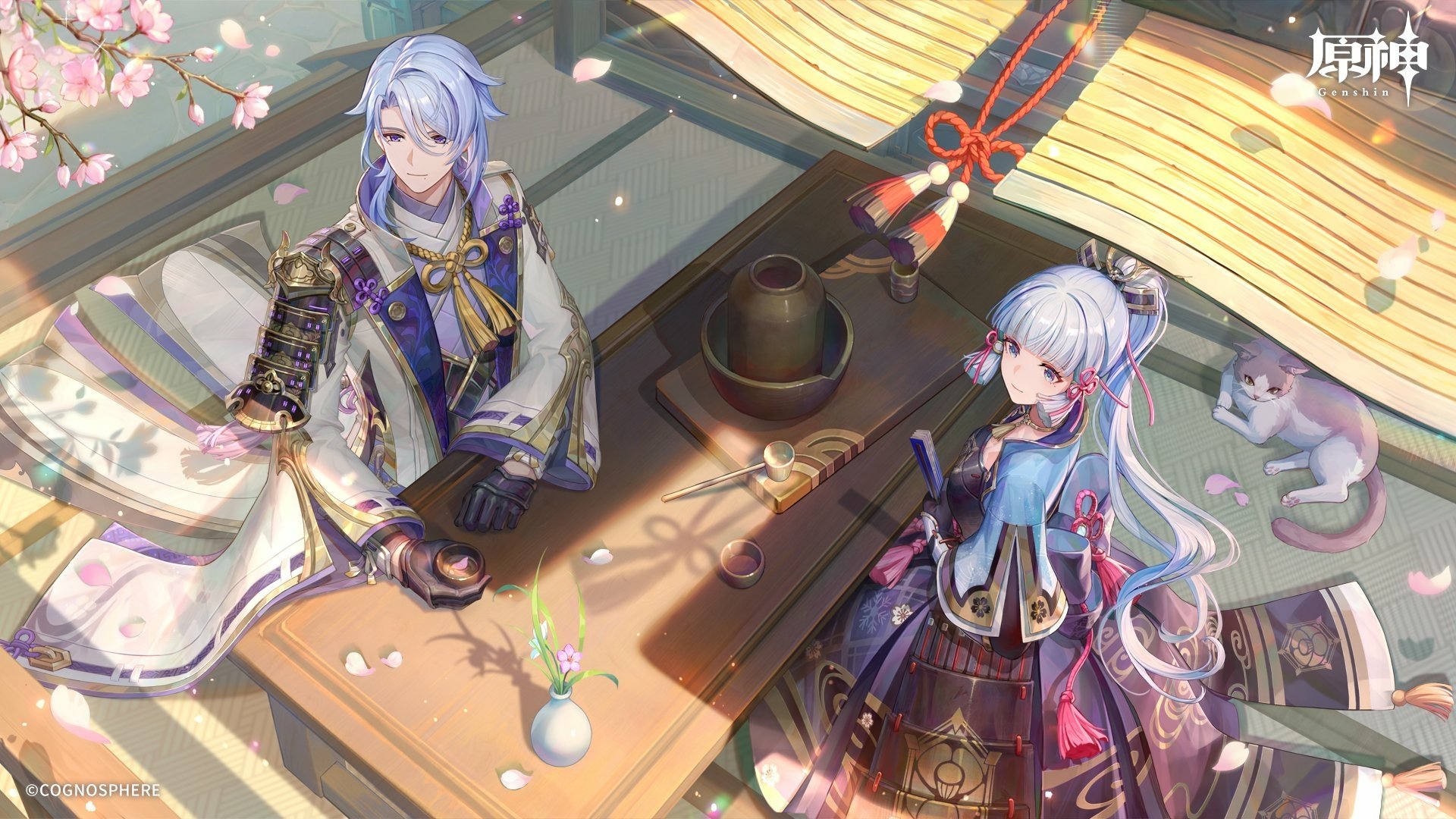 HD desktop wallpaper featuring Kamisato Ayato and Kamisato Ayaka from Genshin Impact, seated in a traditional Japanese setting. Sakura petals are scattered around, adding to the serene atmosphere.