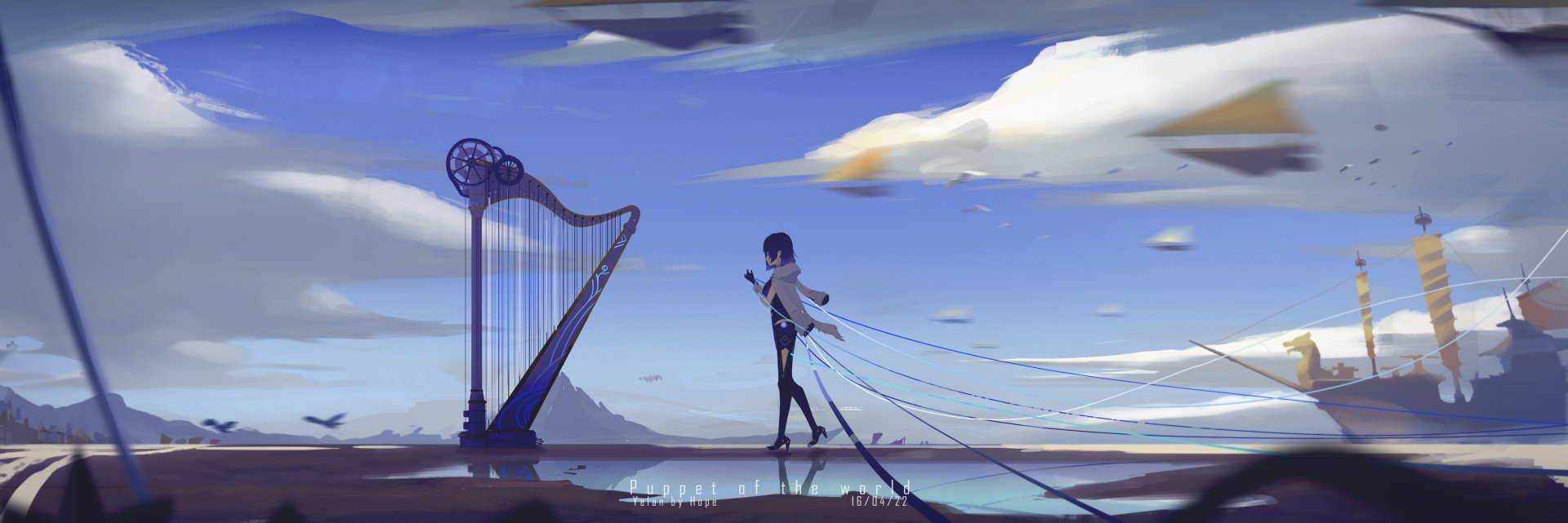 HD PC desktop wallpaper featuring Yelan from Genshin Impact standing near a large harp under a vast, cloudy sky in a serene video game-inspired landscape.
