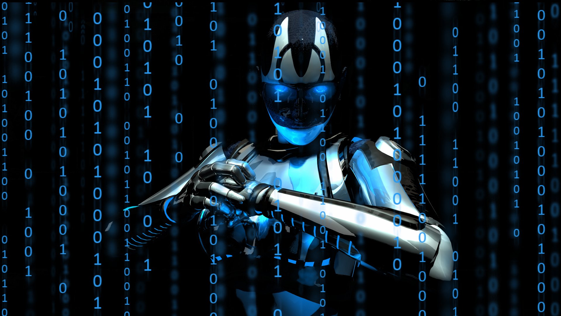 A striking HD desktop wallpaper featuring a cyborg in a blue battlefield, surrounded by cascading binary code, blending sci-fi elements with a futuristic aesthetic.