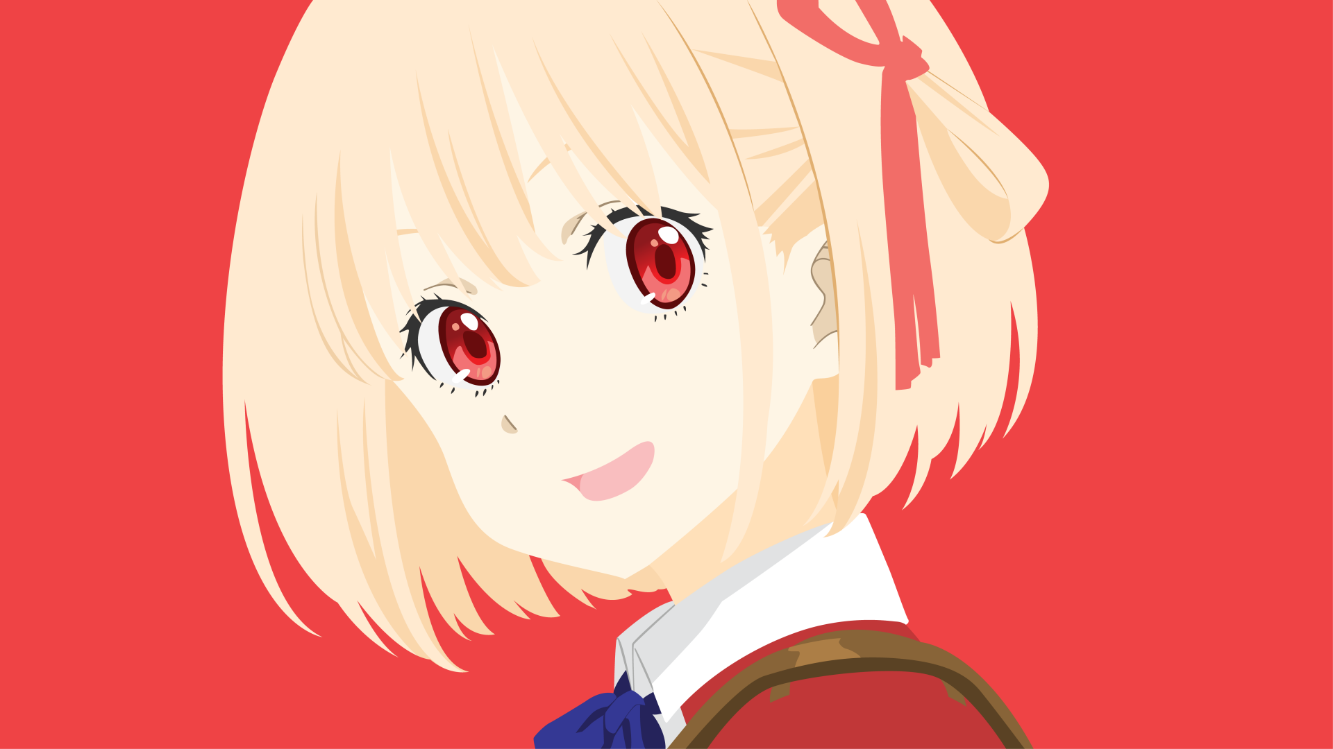 Chisato Nishikigi from Lycoris Recoil — 8K Ultra HD anime desktop wallpaper: close-up smiling portrait with blonde bob, red eyes and school uniform on a solid red background.