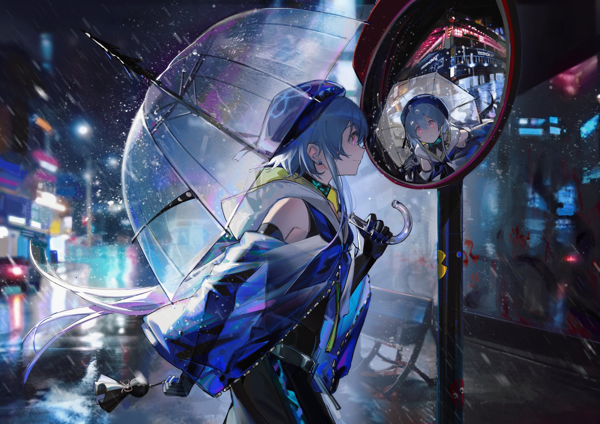 Mizuki (Arknights) beneath a clear umbrella in a neon, rain-soaked city, staring into a convex mirror — vivid HD PC desktop wallpaper/background from the Arknights video game.