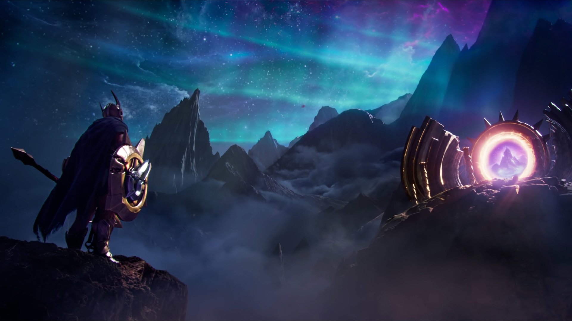 4K Ultra HD desktop wallpaper featuring Pantheon from the video game League of Legends, standing on a cliff overlooking a mystical landscape with glowing portal and mountains.