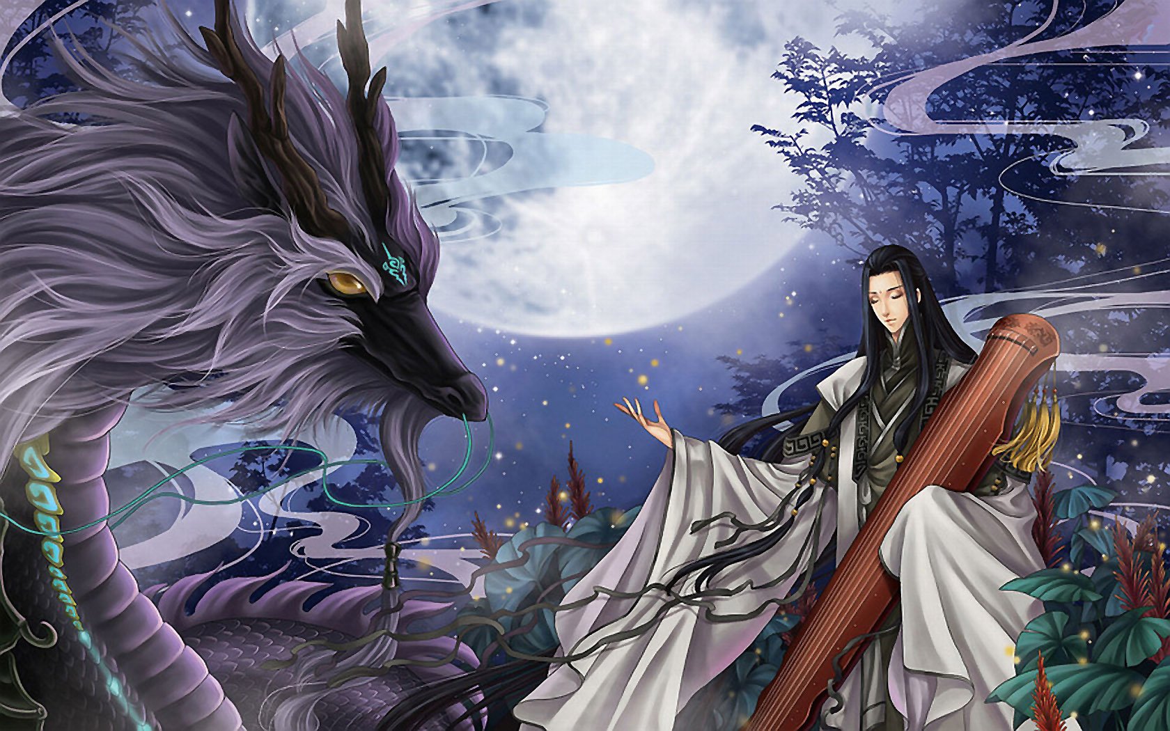 Fantasy HD wallpaper depicting a mystical scene with a majestic dragon and an elegantly dressed figure, set against a moonlit night sky and an enchanted forest background.