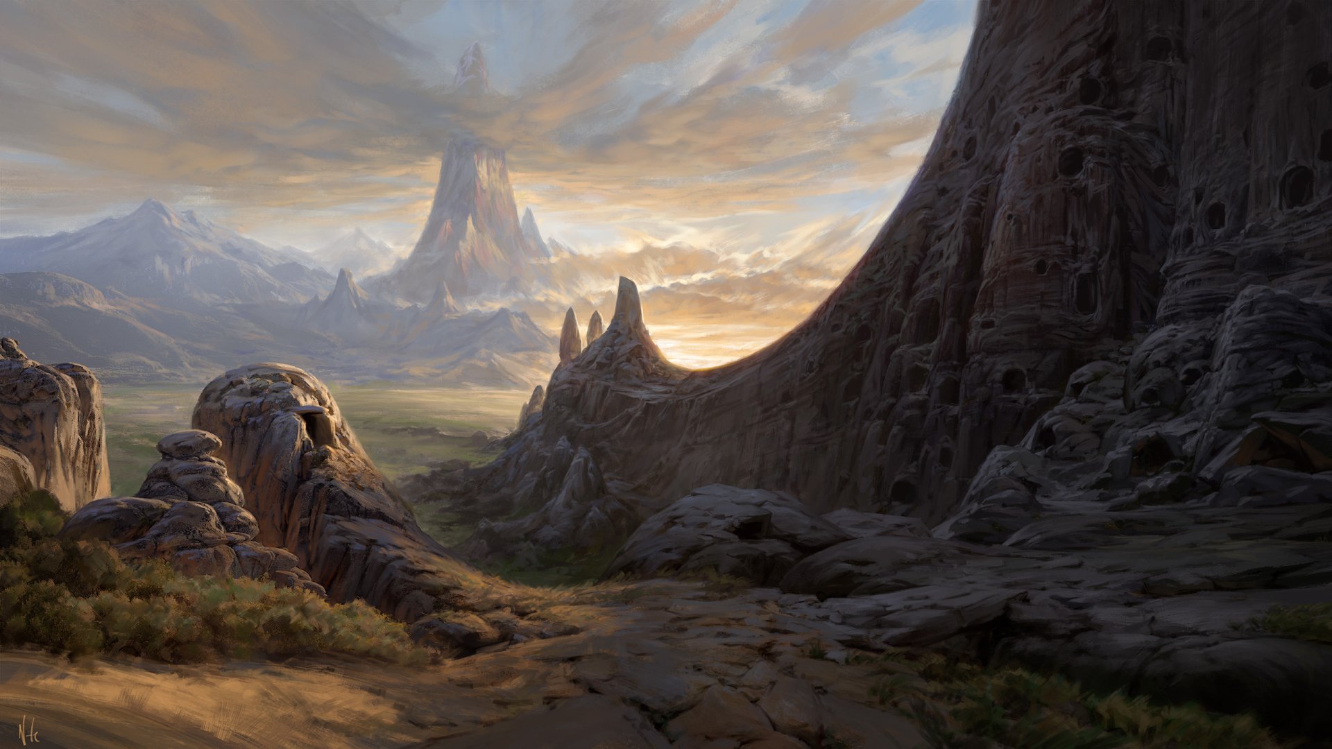 Artistic HD landscape wallpaper depicting a vast rocky terrain with towering mountain peaks under a dramatic sky, designed as a PC desktop background.