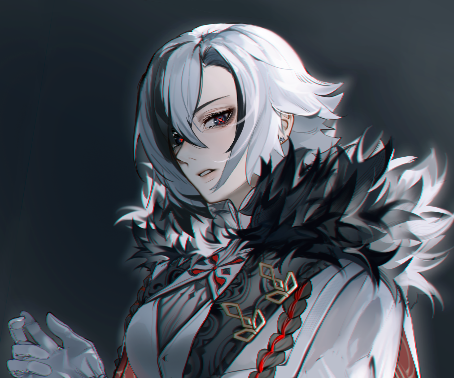Arlecchino (Genshin Impact): white‑haired, red‑eyed character in an ornate white outfit with a black feathered collar, moody dark background — 2K Quad HD PC desktop wallpaper, video game art.