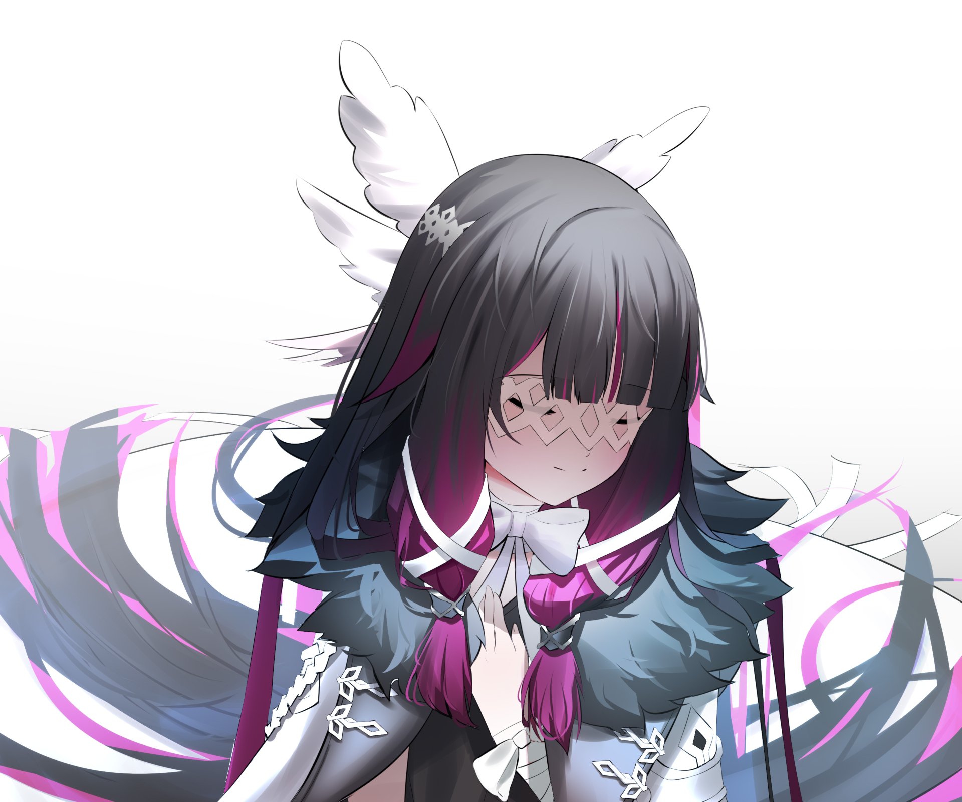 Columbina, a character from the Genshin Impact video game — close-up 2K Quad HD PC desktop wallpaper of a somber, feathered figure with black and magenta hair, closed eyes and ornate costume.