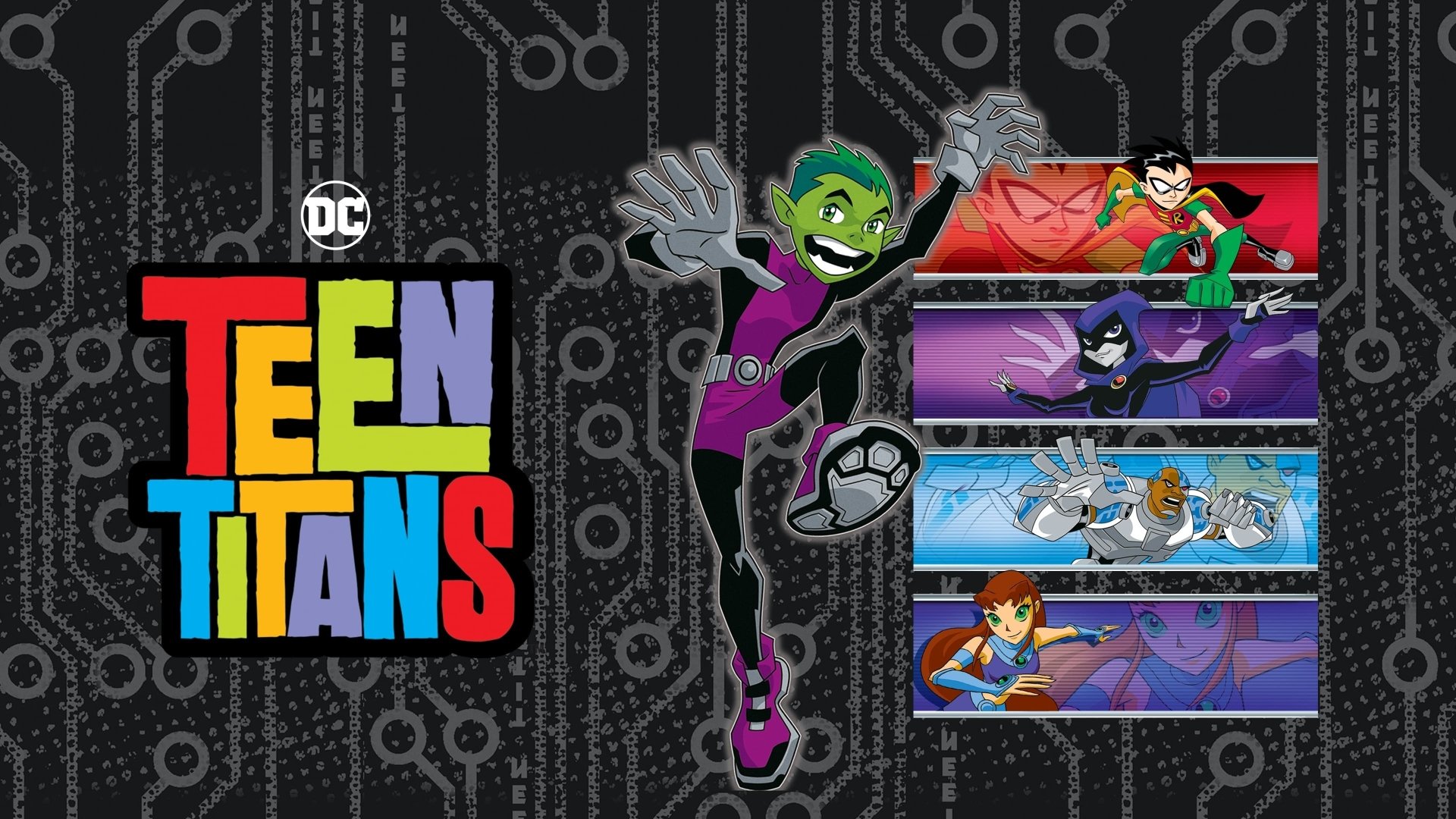 4K Ultra HD Teen Titans TV show wallpaper featuring Cyborg, Starfire, Raven, Robin, and Beast Boy against a digital circuit background with vibrant character panels.