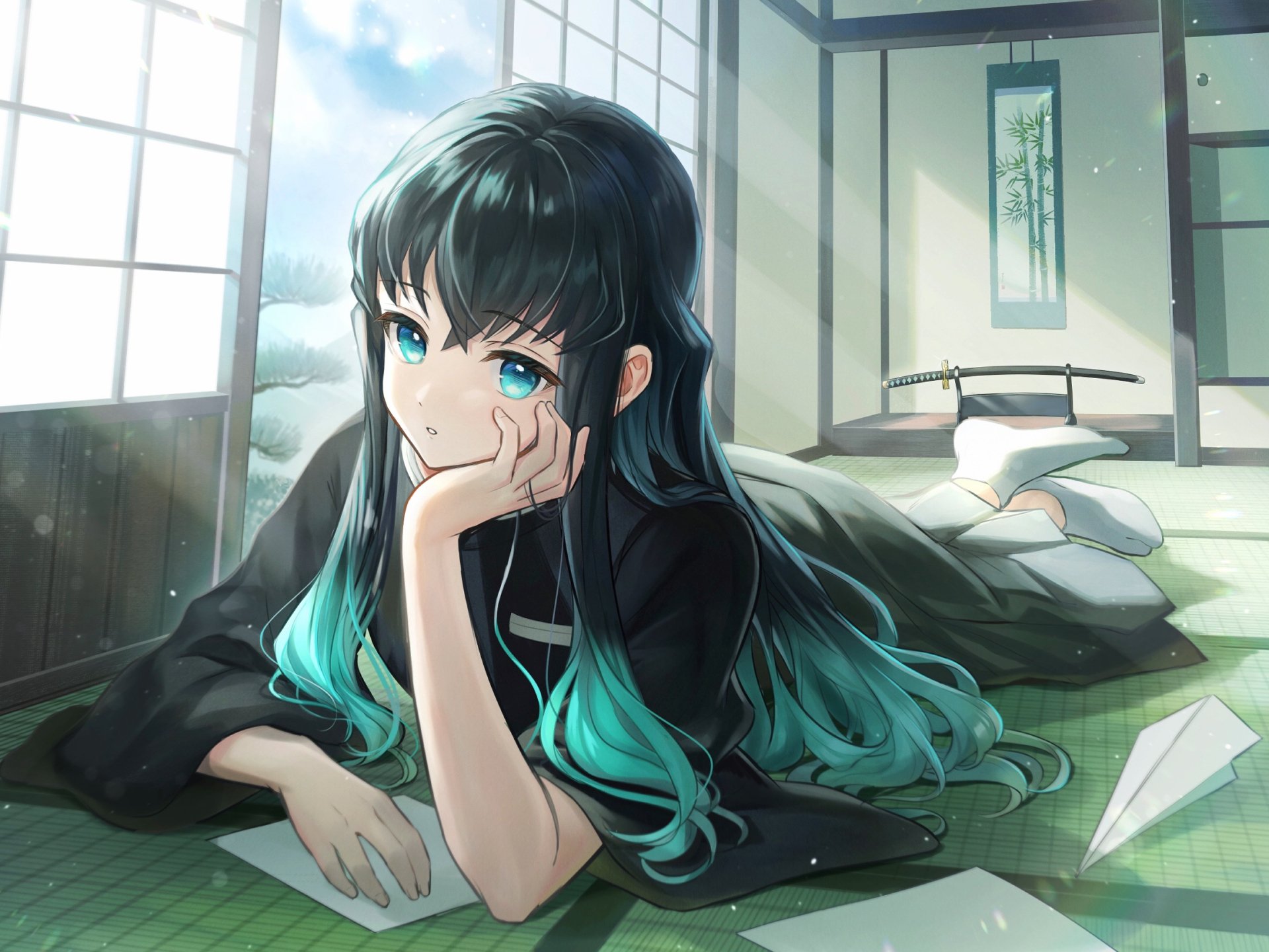 HD anime desktop wallpaper featuring Muichiro Tokito from Demon Slayer: Kimetsu no Yaiba, resting thoughtfully in a sunlit room with soft shadows and detailed art style.