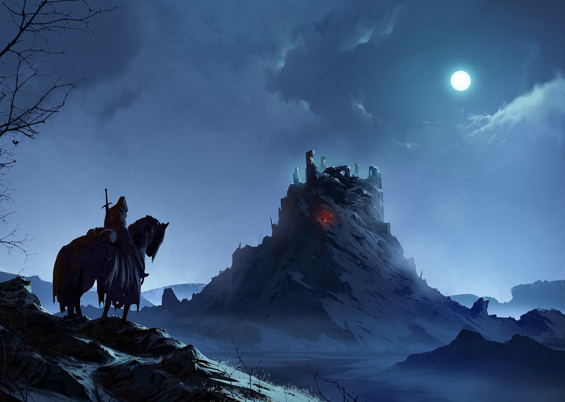 Night HD desktop wallpaper: lone rider on a ridge watches a moonlit fortress on a craggy peak — cinematic The Lord of the Rings: The Fellowship of the Ring.