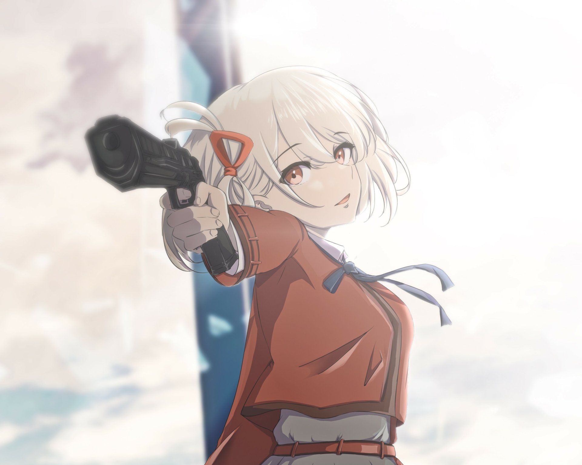 HD anime wallpaper featuring Chisato Nishikigi from Lycoris Recoil, aiming a gun with a confident expression against a soft, light background.