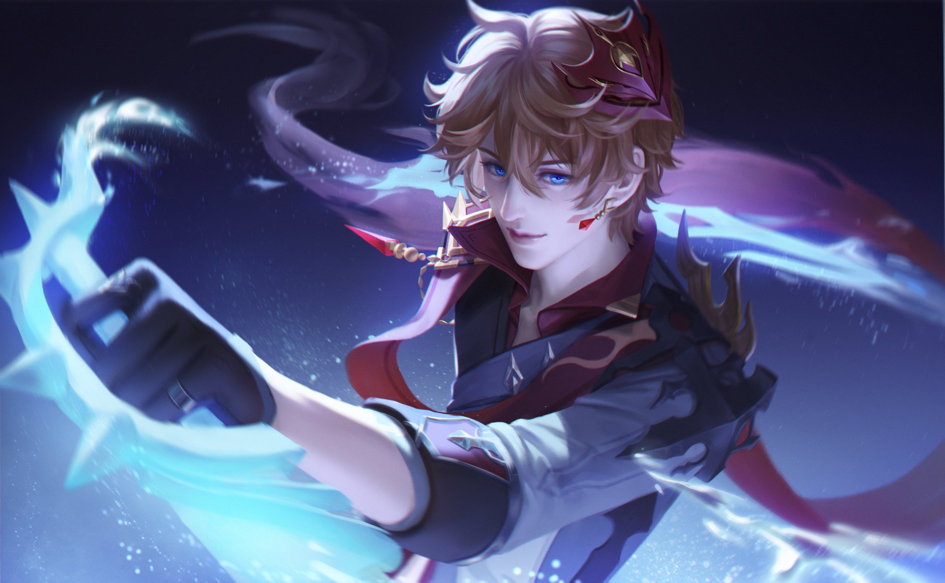 Dynamic 4K Ultra HD PC wallpaper of Tartaglia (Childe) from the video game Genshin Impact, casting Hydro power with swirling blue energy against a dark, starry background.