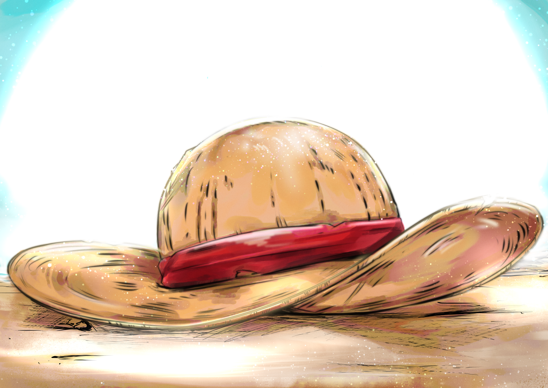 Anime-inspired 4K Ultra HD One Piece wallpaper featuring the iconic straw hat resting on a wooden surface with a bright, glowing background.