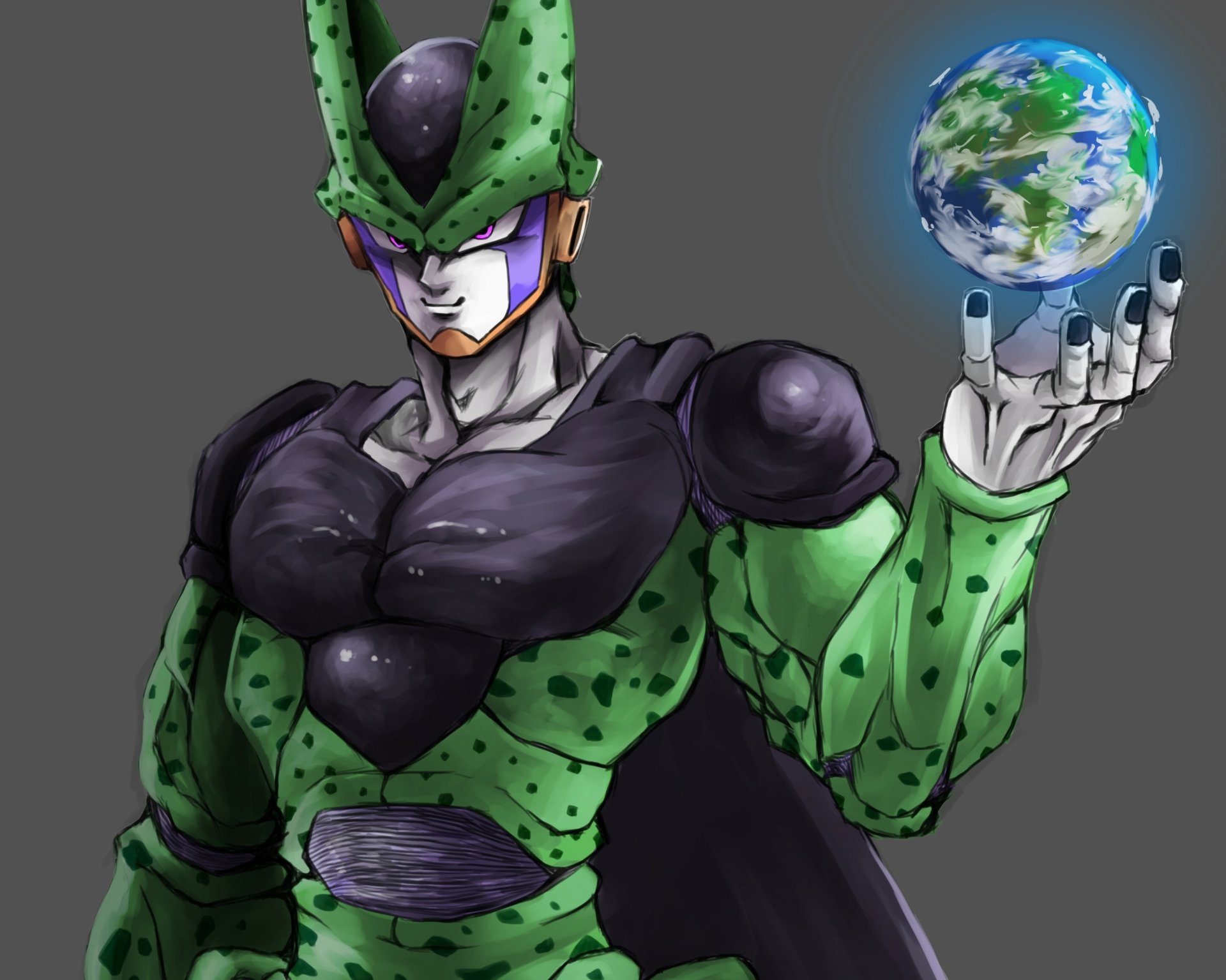 Cell (Dragon Ball) anime artwork holding a glowing Earth against a dark gray backdrop — 2K Quad HD PC desktop wallpaper/background.