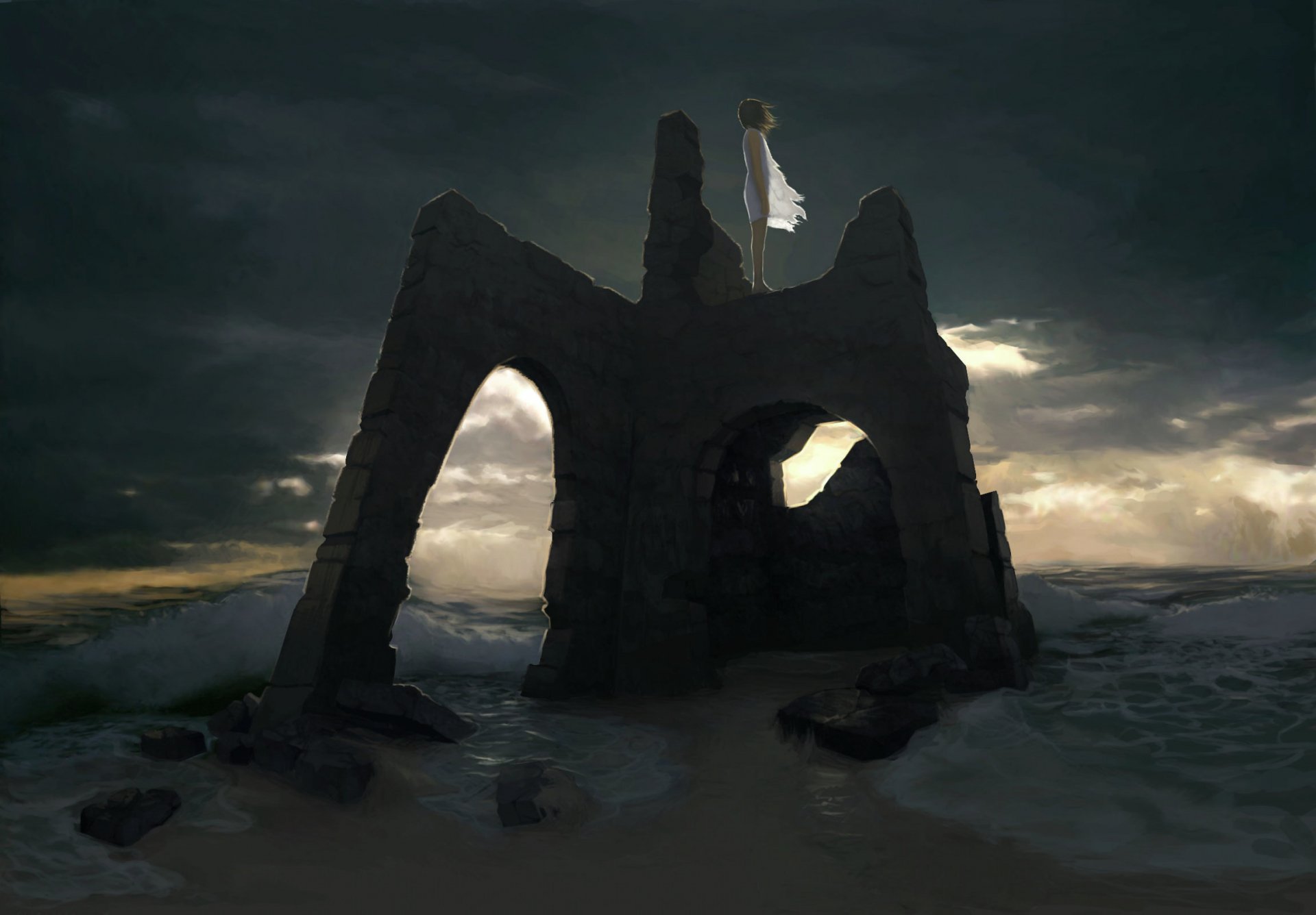 A mystical scene featuring a lone figure standing atop ancient ruins by the ocean, enhanced with dark, dramatic skies, creating an original anime-inspired HD desktop wallpaper.