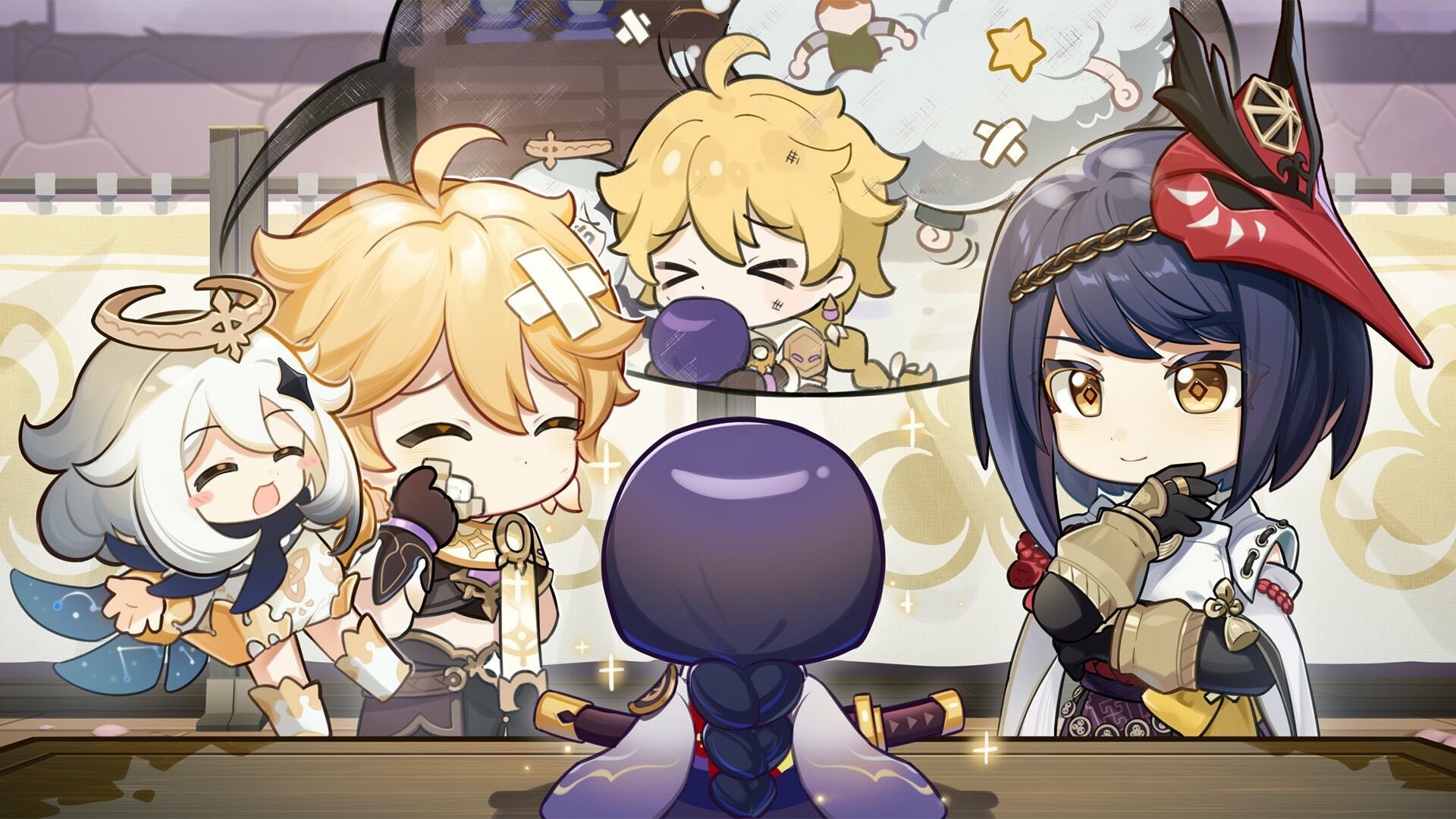 Download Chibi Kujou Sara Paimon (Genshin Impact) Aether (Genshin Impact) Video Game Genshin Impact HD Wallpaper