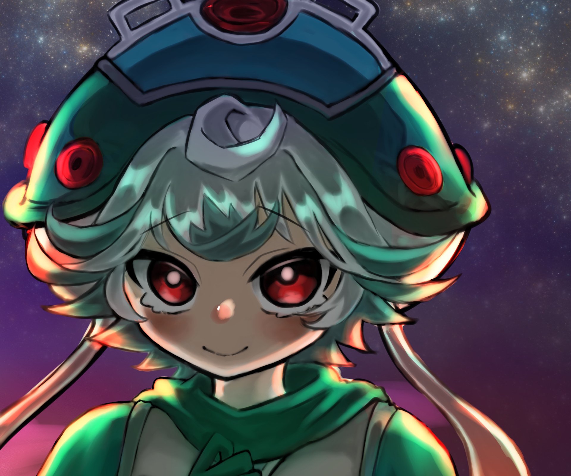 HD anime desktop wallpaper featuring a close-up of a character with red eyes and a green hat from Made in Abyss, set against a starry night sky background.