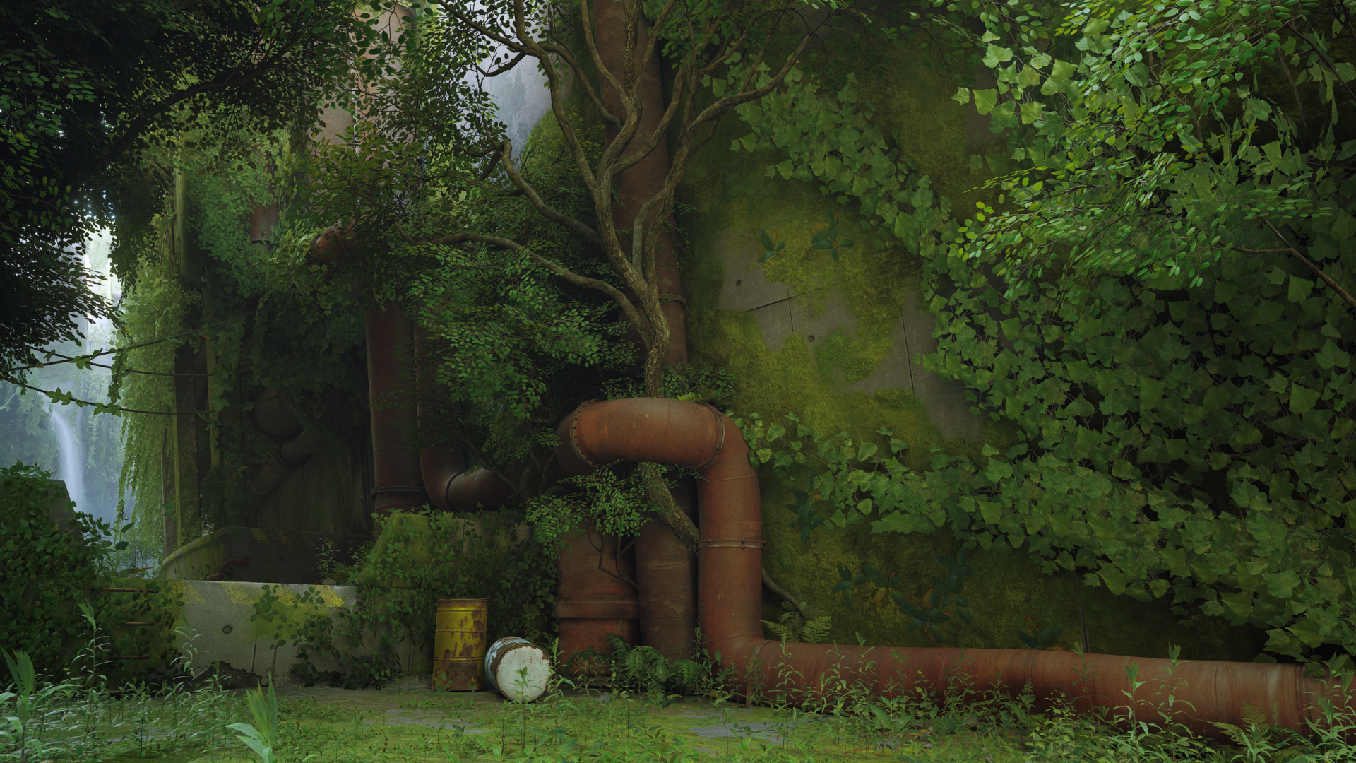 HD PC desktop wallpaper from the video game Stray, showcasing a lush, overgrown urban scene with rusty pipes and dense greenery.