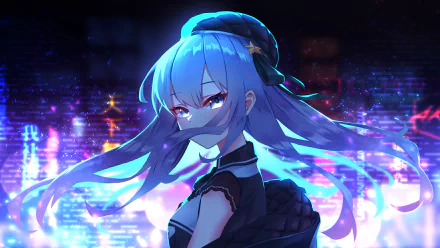 HD PC desktop wallpaper of Hoshimachi Suisei (hololive) — anime Virtual YouTuber with flowing blue hair, a star hairpin and glowing neon cityscape reflected behind her.
