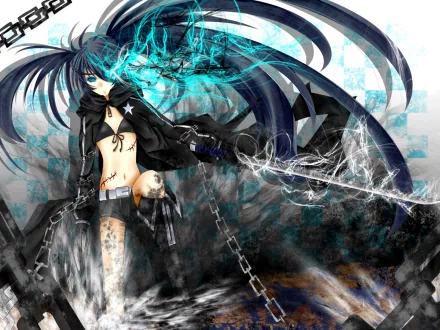 HD desktop wallpaper featuring Mato Kuroi from Black Rock Shooter anime, depicting the character with dark attire, blue highlights, and dynamic energy effects.