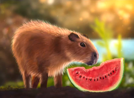 HD desktop wallpaper featuring a capybara closely inspecting a slice of watermelon with a soft, blurred natural background.