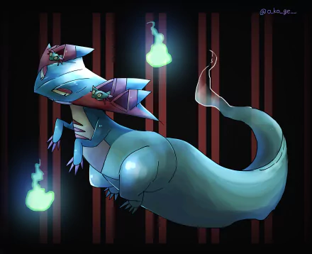 4K Ultra HD PC wallpaper of Dragapult from the video game Pokémon: Sword and Shield — ghostly blue-green Dreepy flames glow as it floats against a dark vertical-striped background.