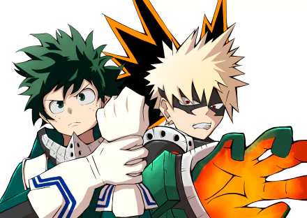 4K Ultra HD anime wallpaper featuring Katsuki Bakugou and Izuku Midoriya from My Hero Academia in dynamic poses.
