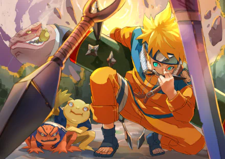 Naruto Uzumaki in action with shadow clones and a giant toad, captured in vibrant 4K Ultra HD anime style for a dynamic PC desktop wallpaper.