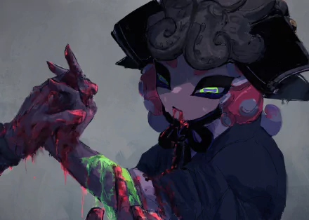 HD PC desktop wallpaper: DJ Octavio from the video game Splatoon, hooded tentacled antagonist with a glowing eye, hands smeared in red and neon green ink against a dark backdrop.