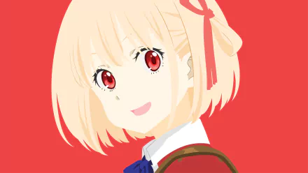 Chisato Nishikigi from Lycoris Recoil — 8K Ultra HD anime desktop wallpaper: close-up smiling portrait with blonde bob, red eyes and school uniform on a solid red background.