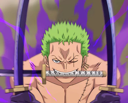 HD anime wallpaper of Roronoa Zoro from One Piece, featuring him with green hair and a sword in his mouth, surrounded by a purple aura.