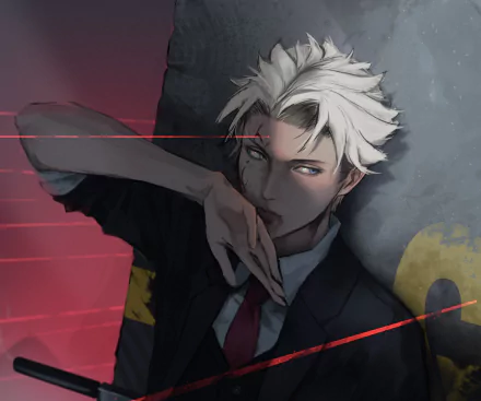 Loid Forger (Spy x Family) anime portrait — white-haired spy reclining with red tie on a moody gray and red backdrop; 2K Quad HD PC desktop wallpaper/background.